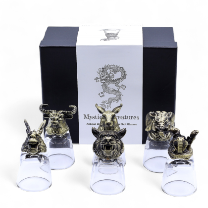 Gift Set of 6 Shot Glasses (50ml) - Wild Forest Creatures - Antique Bronze