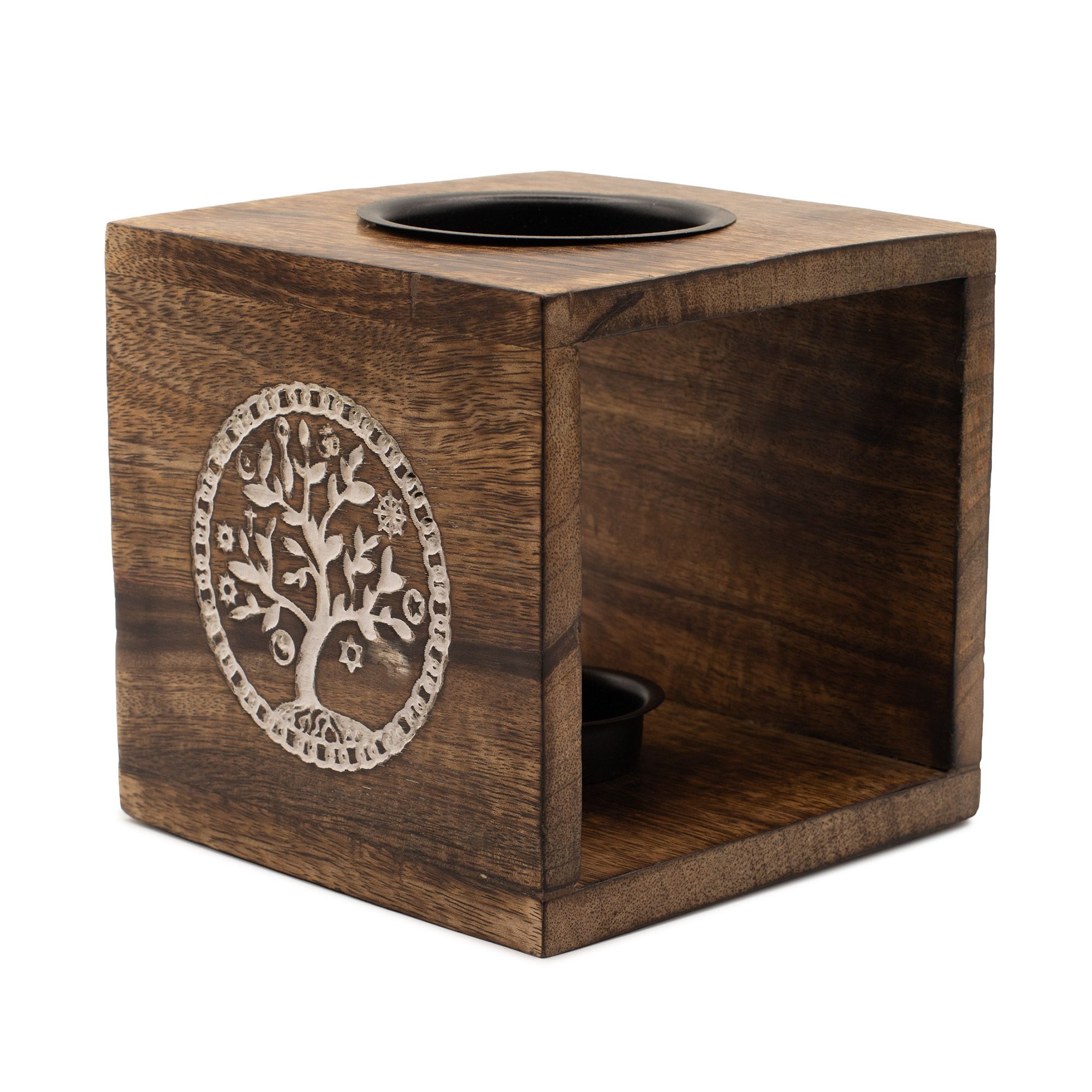 Large Square Mango Wood Oil Burner - Tree of Life - Image 4